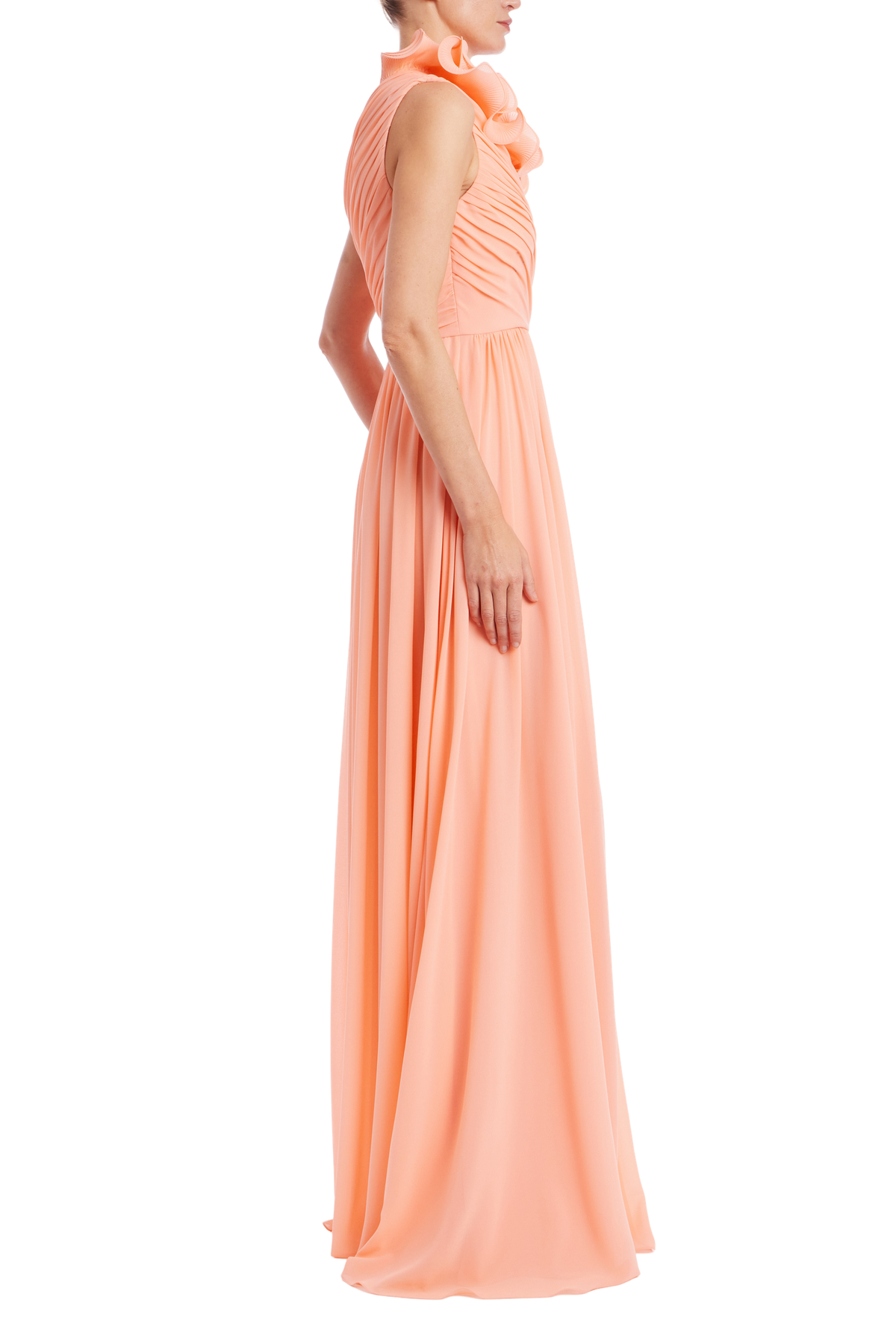 Ruffle One-Shoulder Pleated Evening Gown