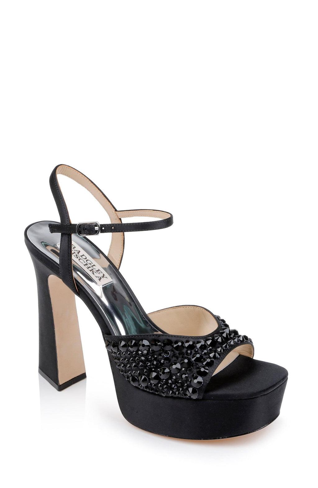 Bryleigh Satin Platform Block Heels with Bejeweled Vamp