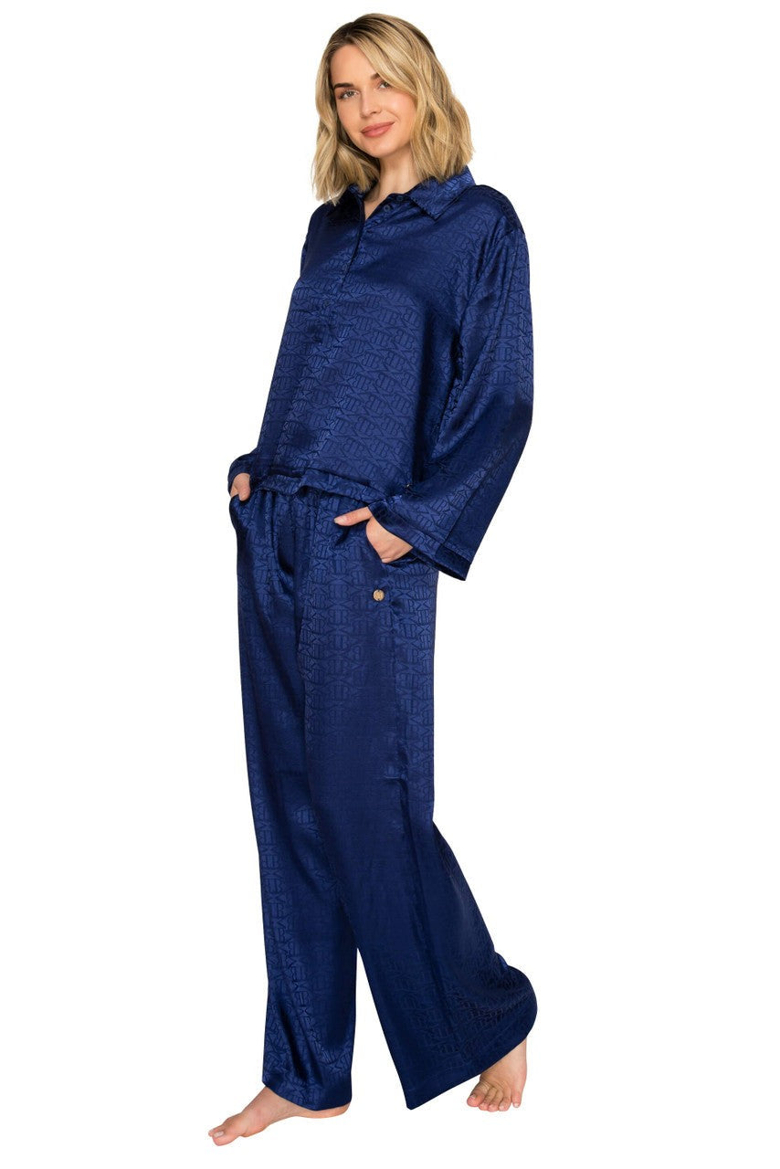 Luxe Monogram Satin Long Sleeve Wide Leg Pajama Set