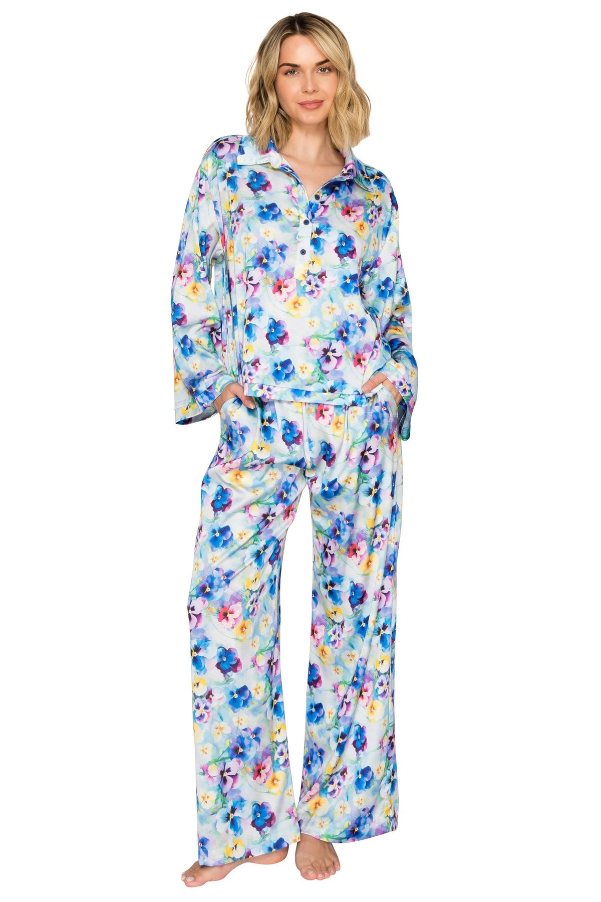 Luxe Floral Satin Long Sleeve & Wide Leg Pajama Set