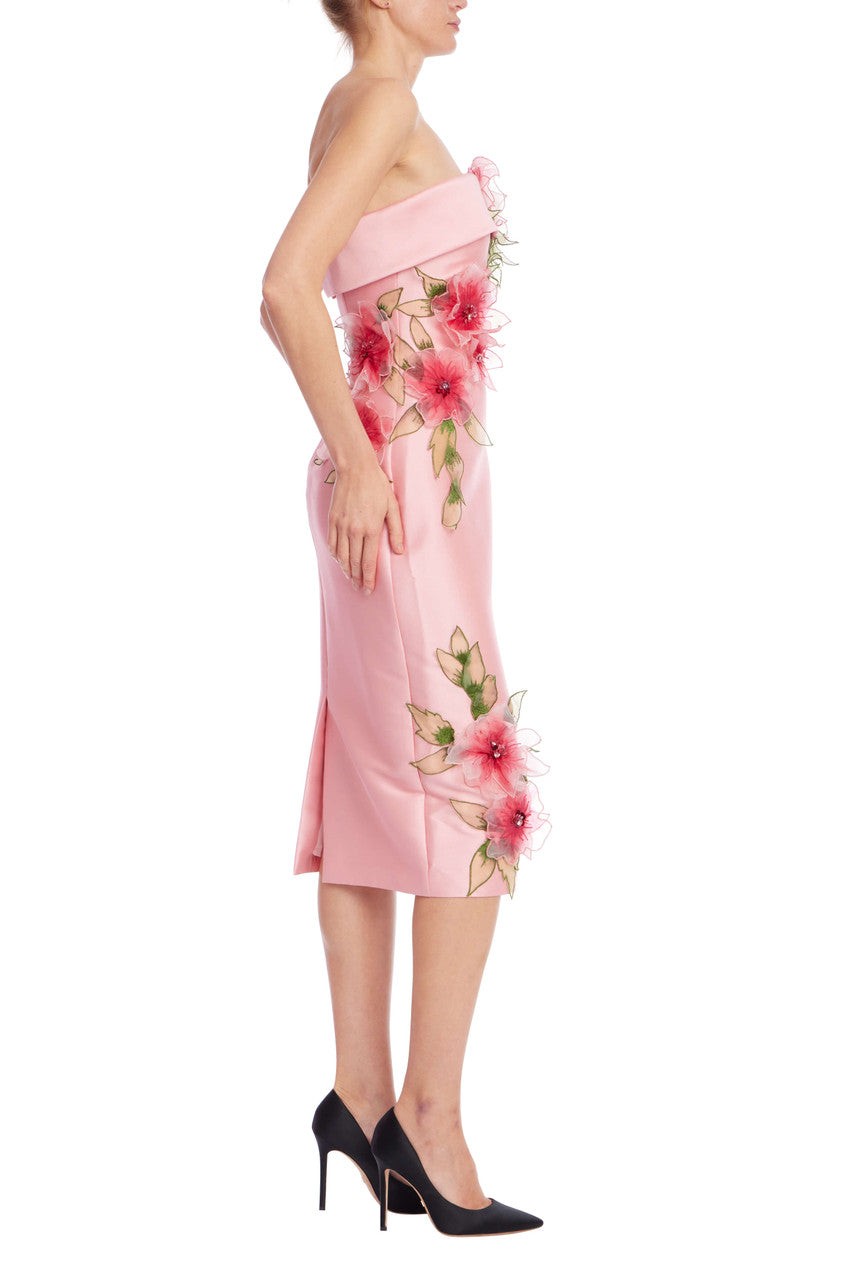 Strapless Sheath Dress with 3D Floral Appliqué