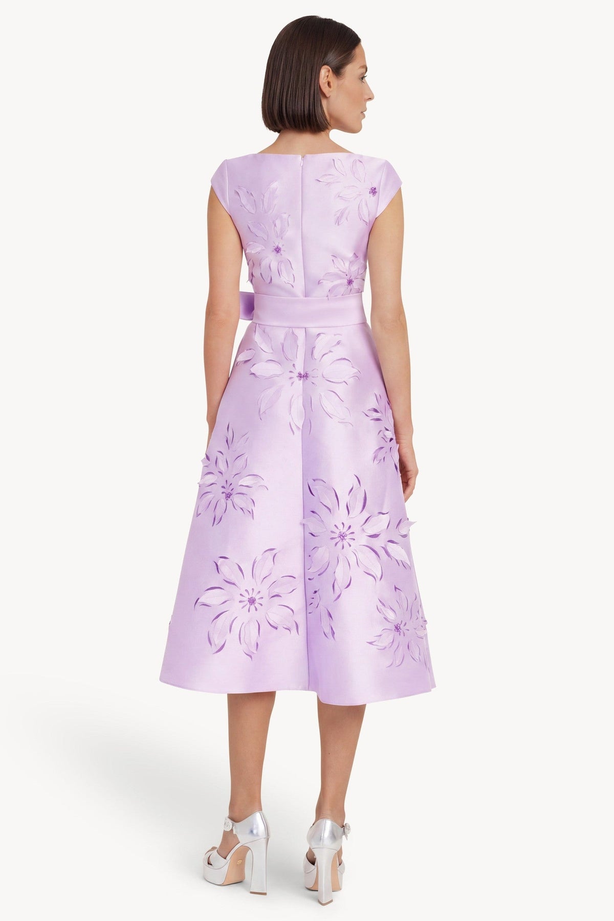 Laser-Cut Floral Cap Sleeve Midi Dress