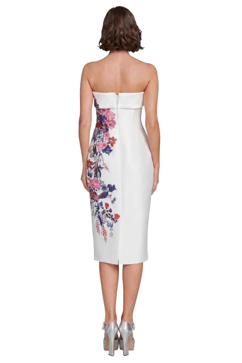 Strapless Floral Placement Midi Sheath Dress