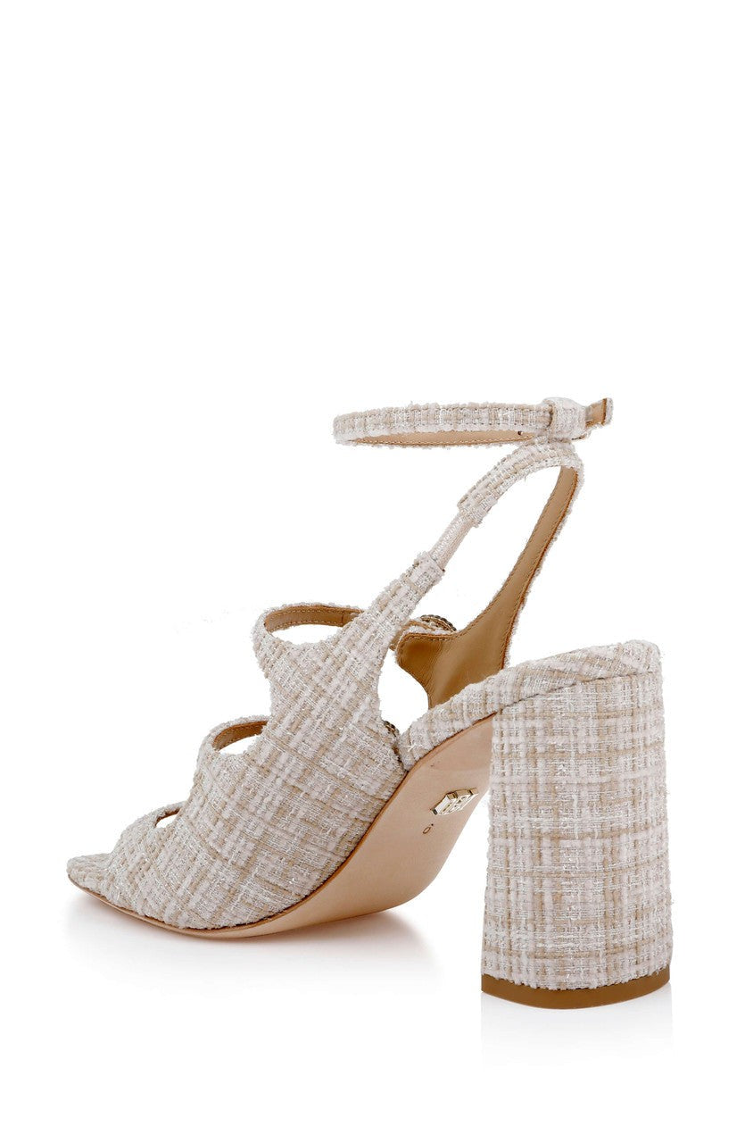 Vella Tweed Pearl Embellished Block Heel Sandals