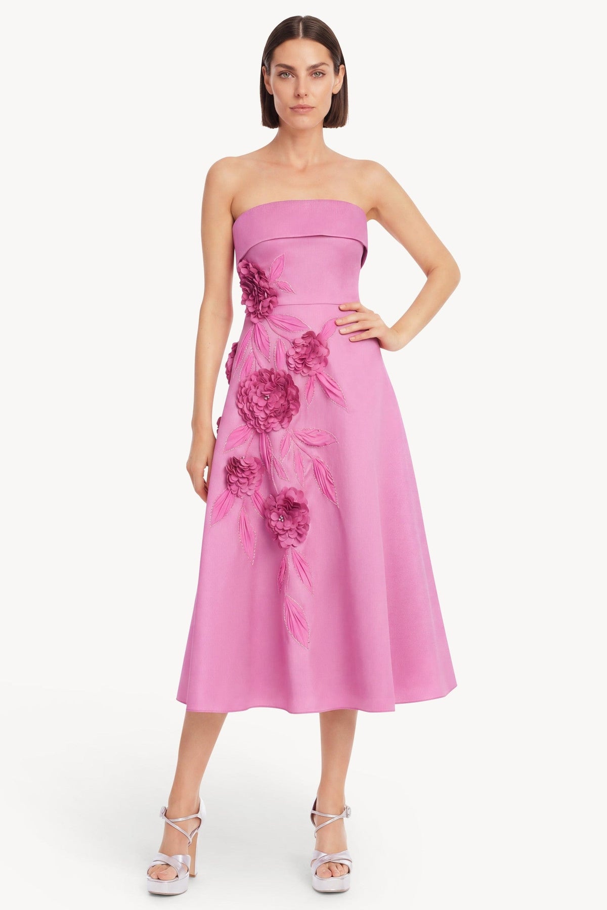 Strapless Floral Applique Midi Dress
