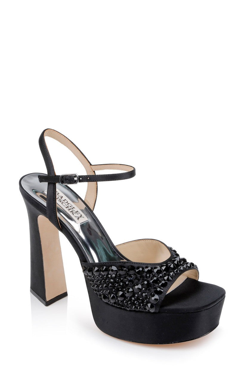 Bryleigh Satin Platform Block Heels with Bejeweled Vamp