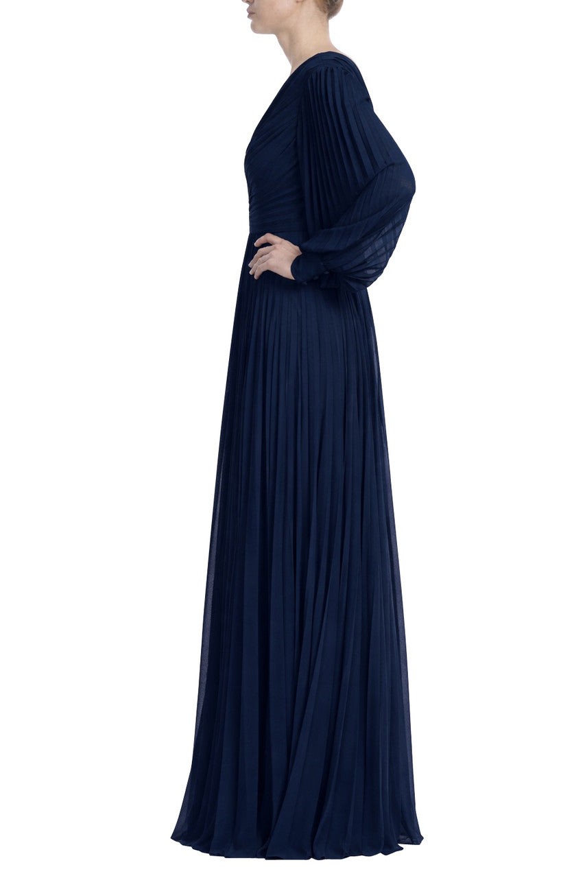 V-Neck Long Sleeve Pleated Gown