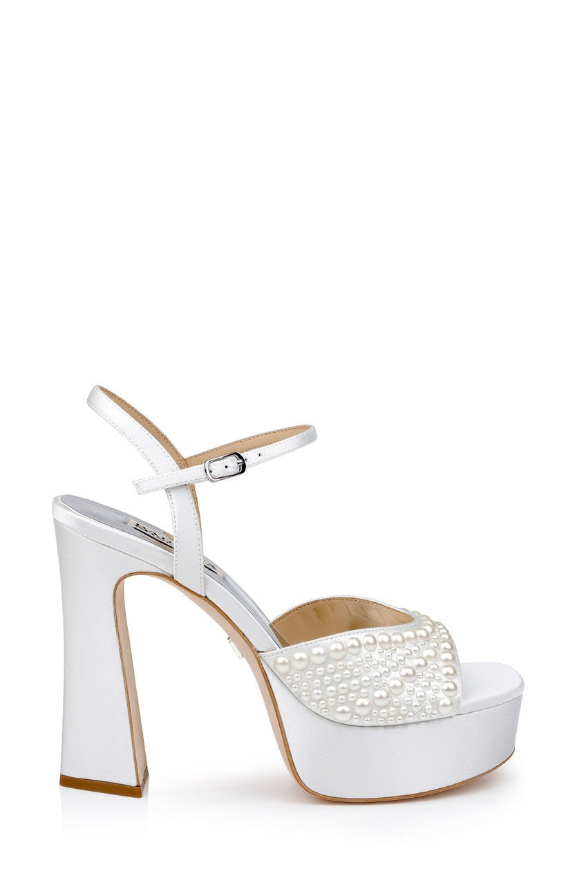 Bryleigh Satin Platform Block Heels with Bejeweled Vamp