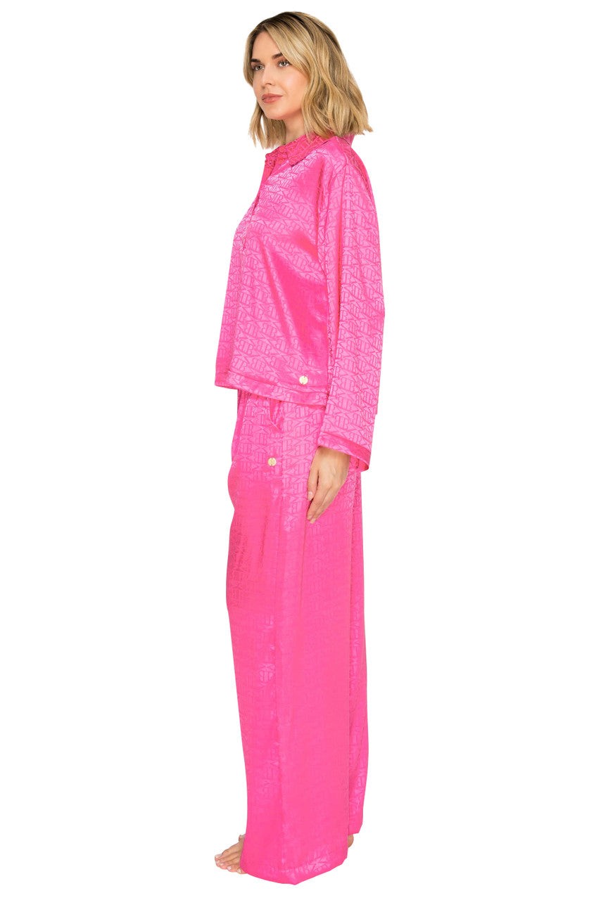 Luxe Monogram Satin Long Sleeve Wide Leg Pajama Set