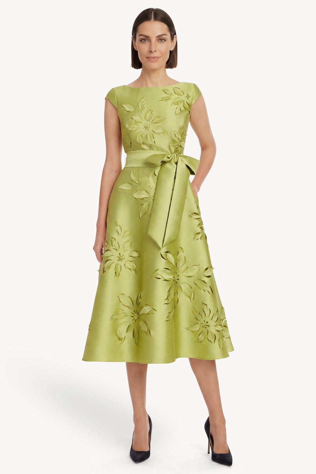 Laser-Cut Floral Cap Sleeve Midi Dress