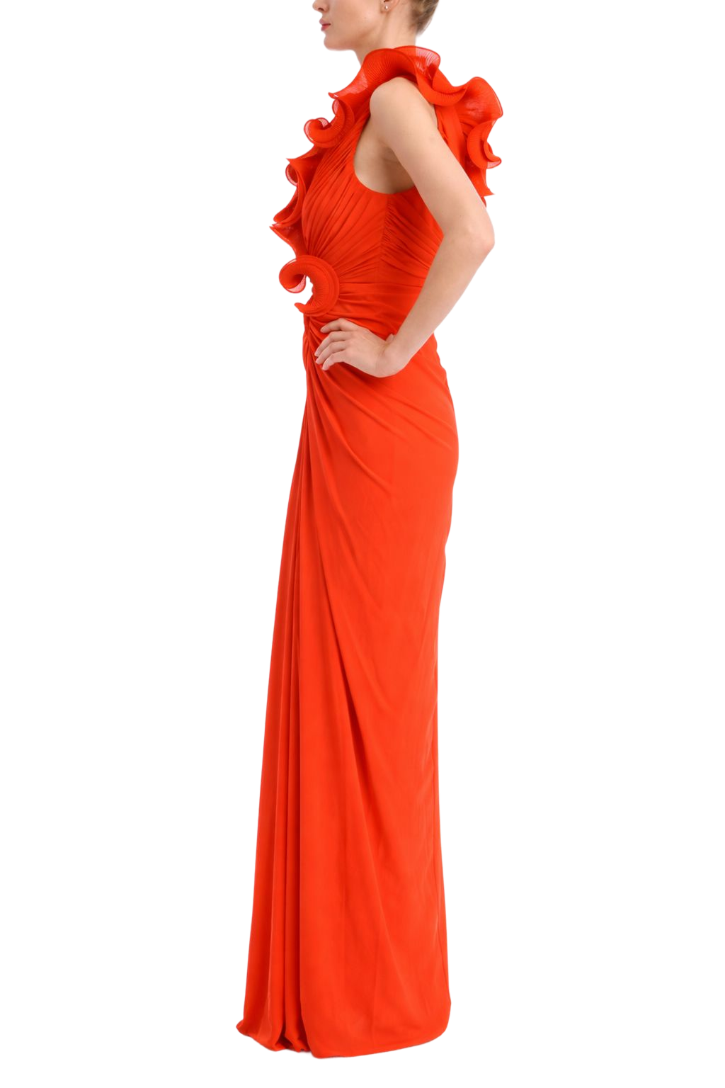 Pleated Ruffle V-Neck Column Gown