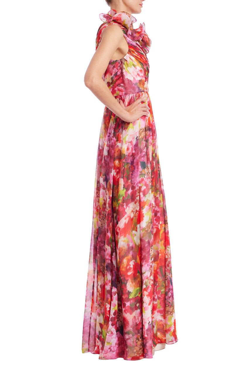 One-Shoulder Ruffle Floral Print Gown