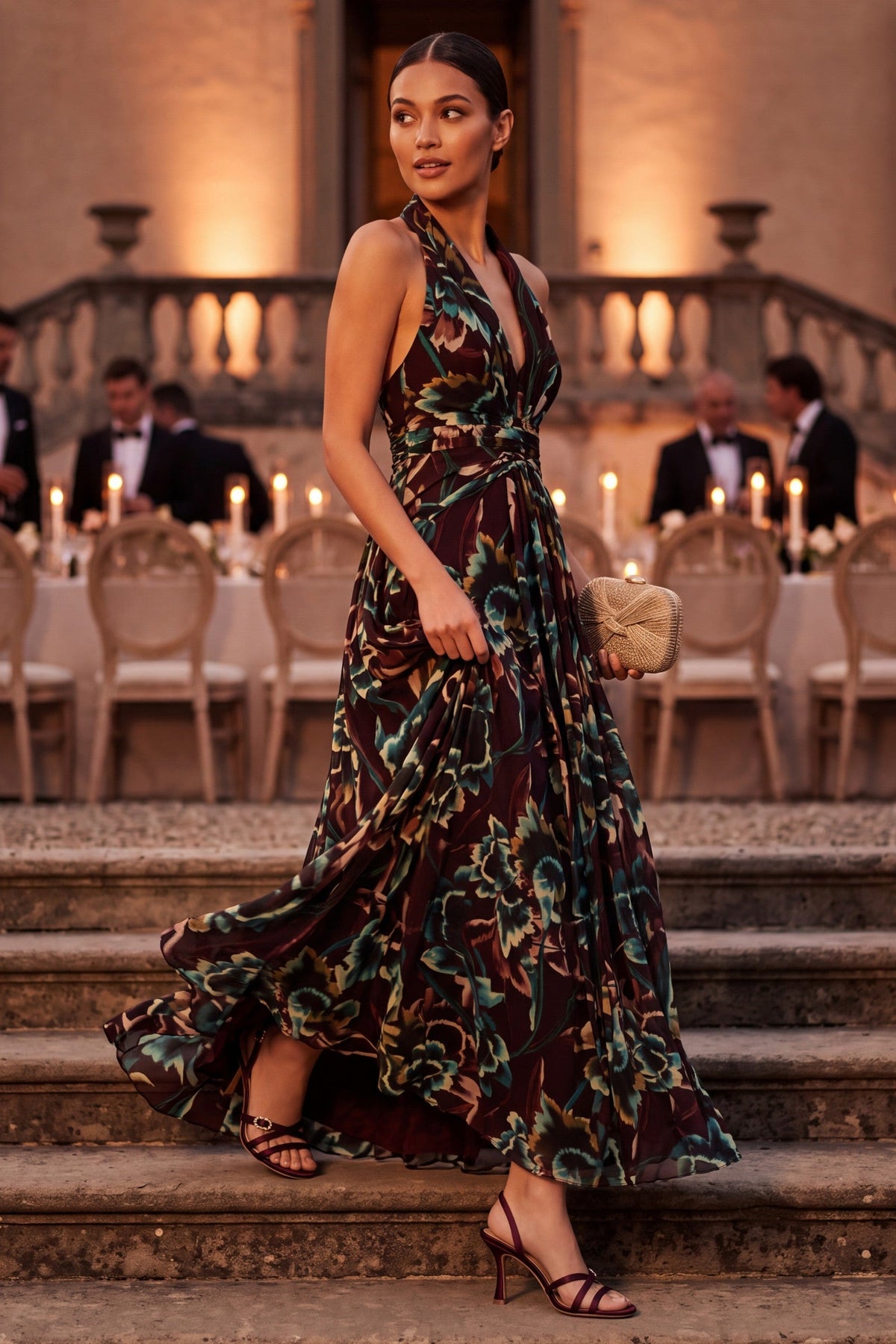 Floral Halter Neck Column Gown