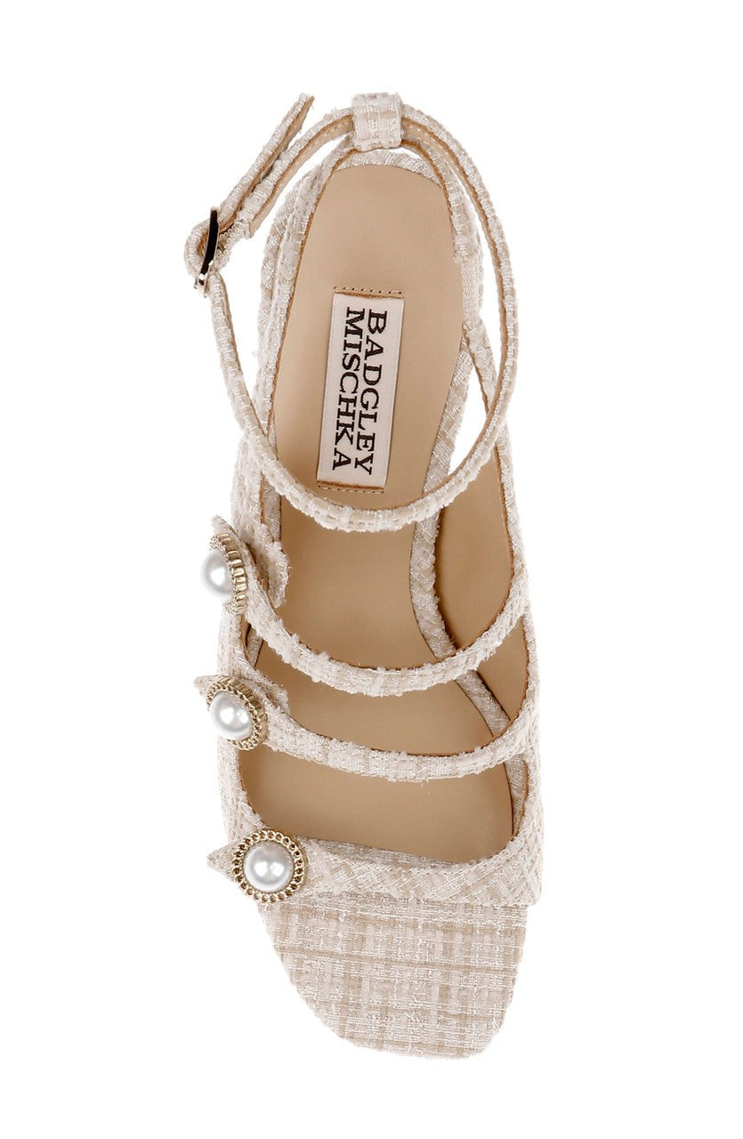 Vella Tweed Pearl Embellished Block Heel Sandals