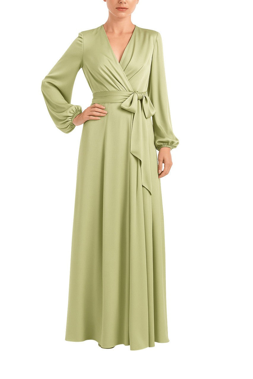 Satin Faux-Wrap Long Sleeve Gown