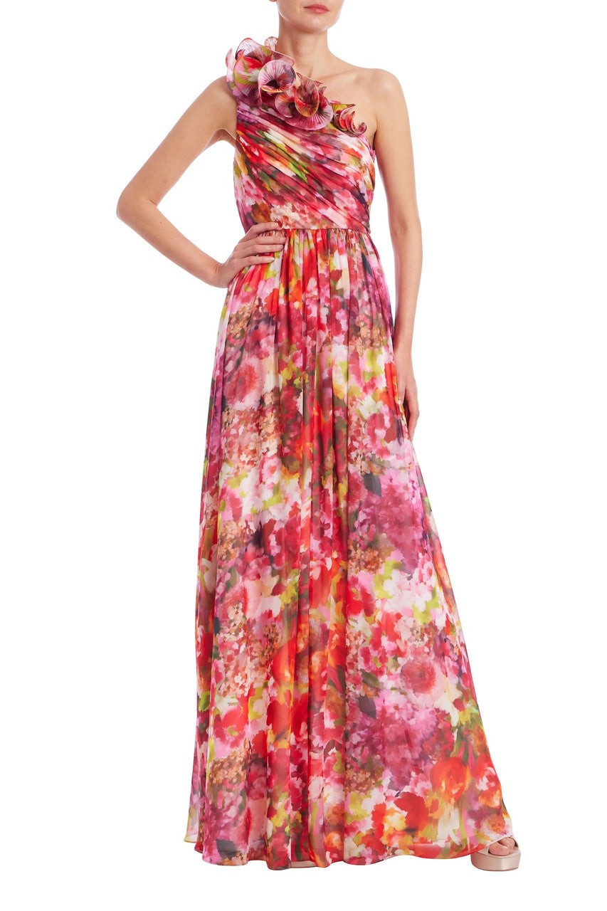 One-Shoulder Ruffle Floral Print Gown