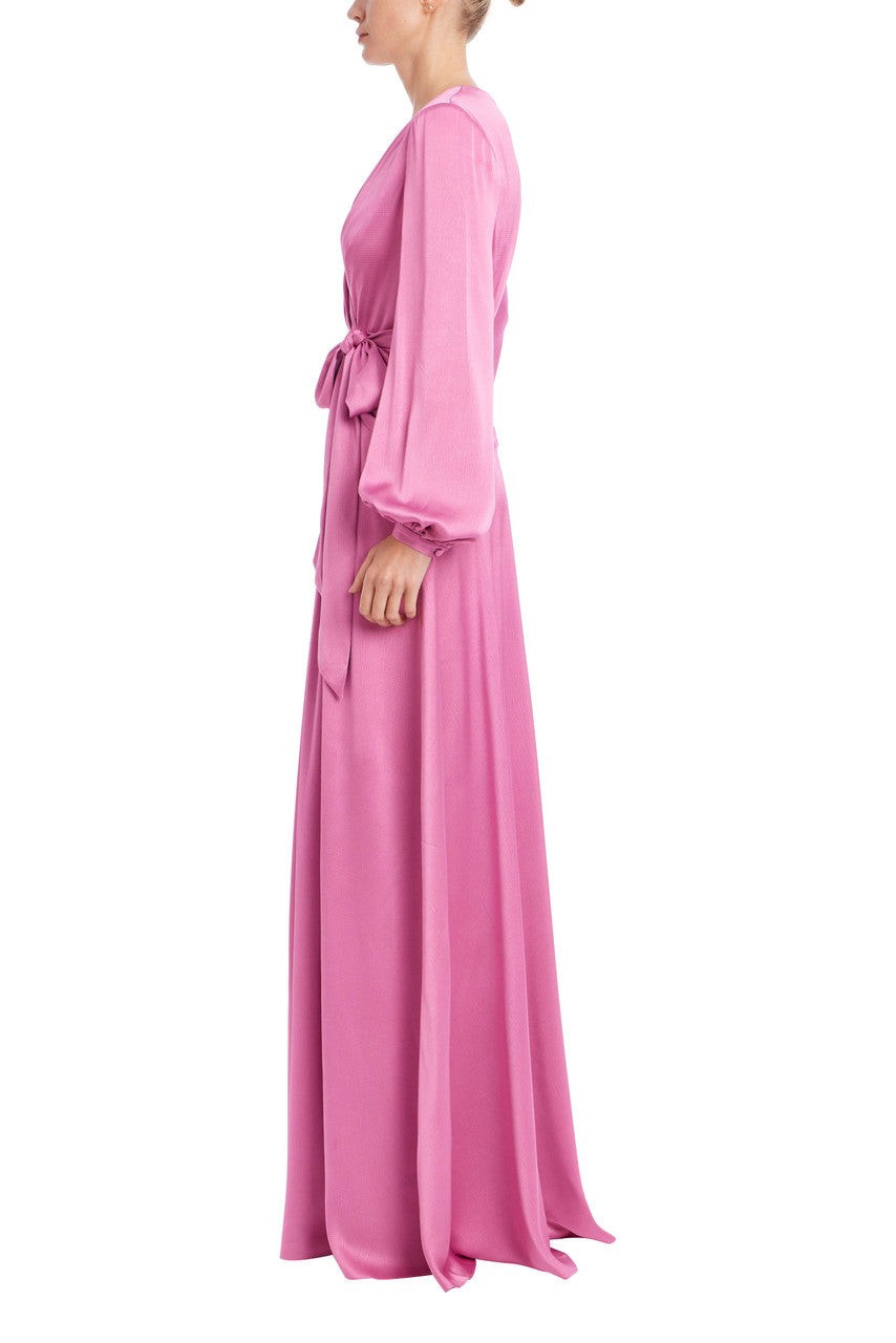 Satin Faux-Wrap Long Sleeve Gown