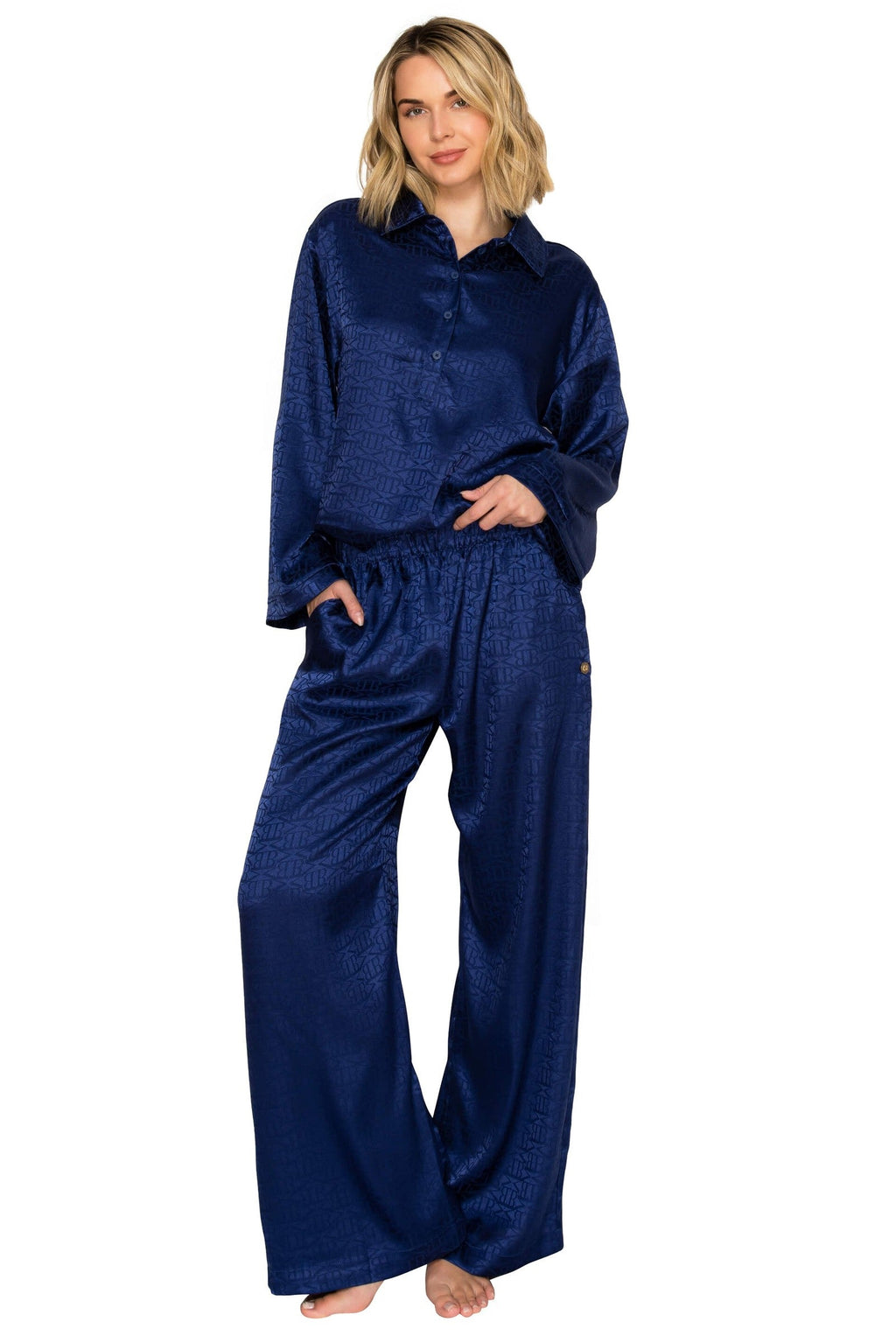 Luxe Monogram Satin Long Sleeve Wide Leg Pajama Set