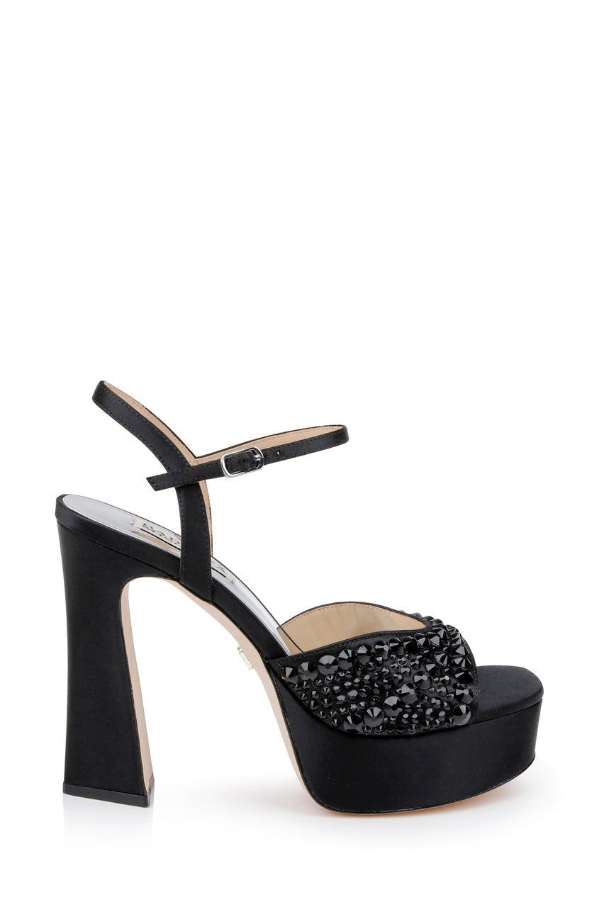 Bryleigh Satin Platform Block Heels with Bejeweled Vamp
