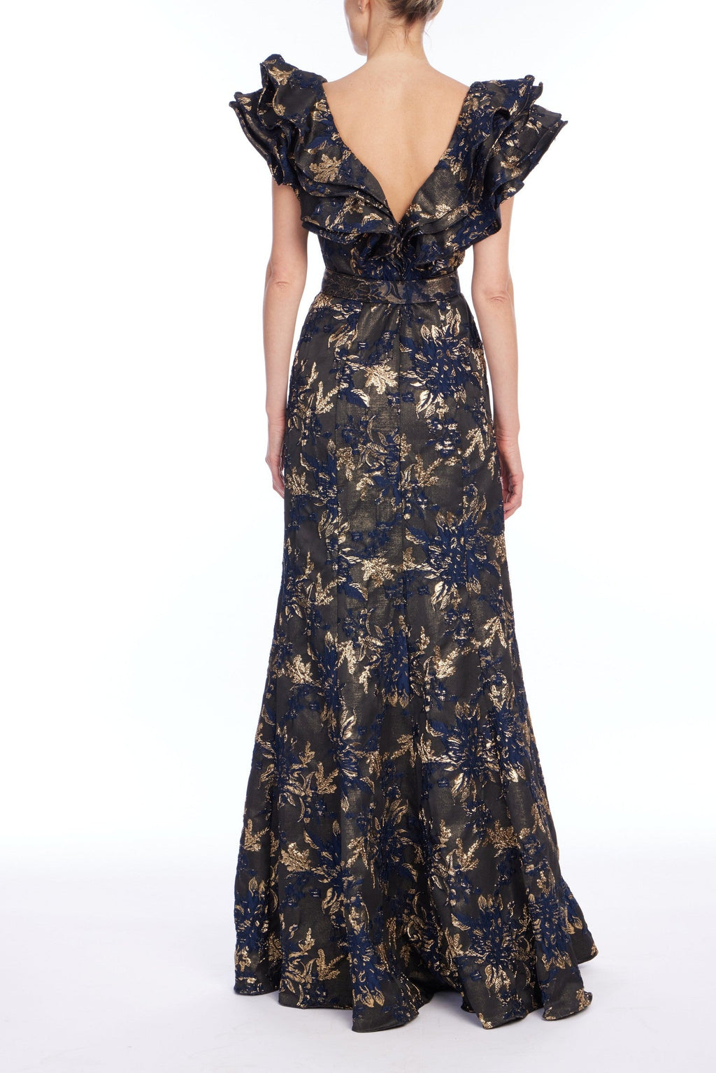 Ruffle Metallic Jacquard Mermaid Gown
