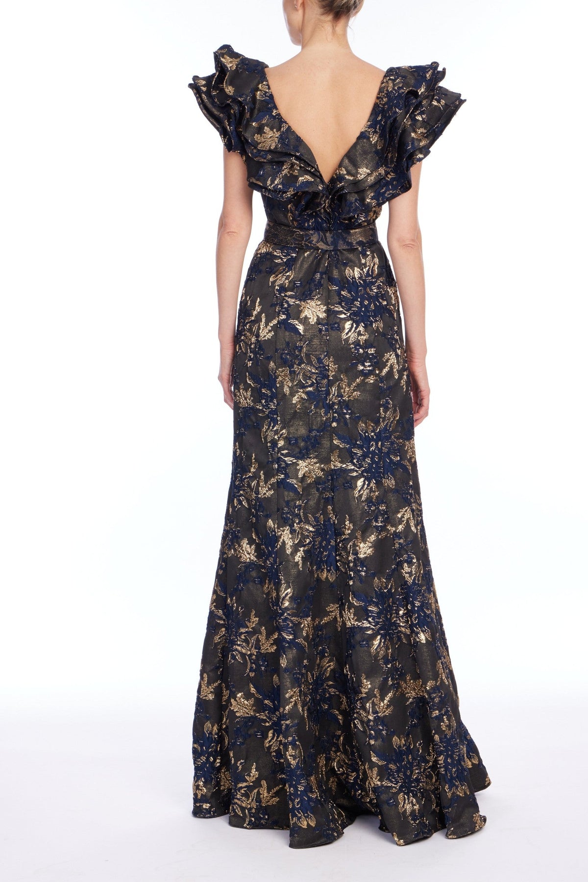 Ruffle Metallic Jacquard Mermaid Gown