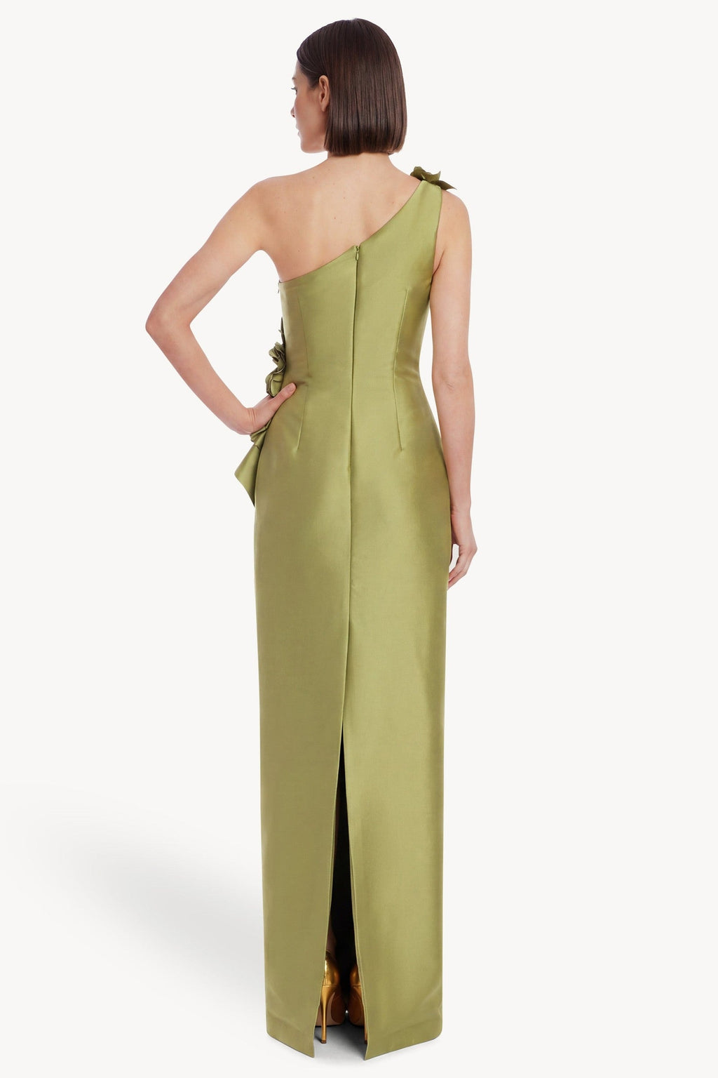 One-Shoulder Floral Applique Column Gown