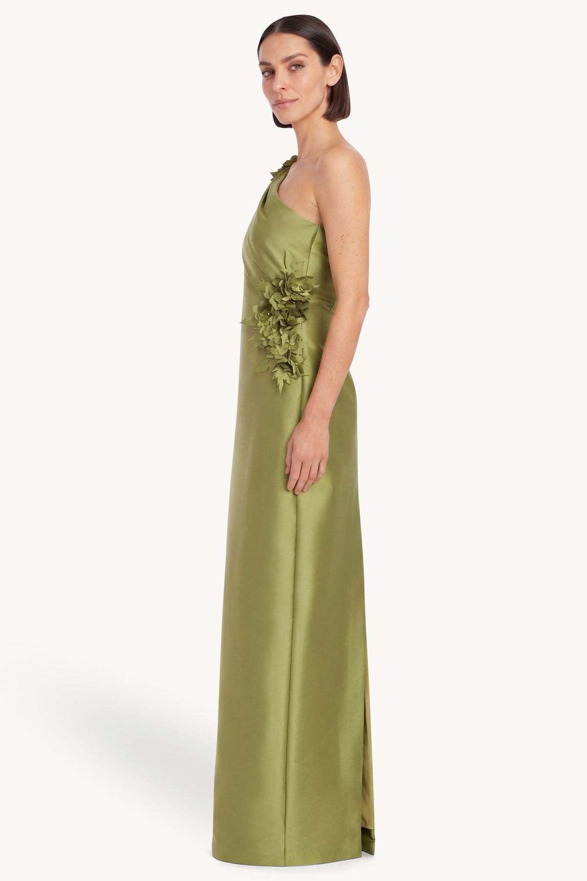 One-Shoulder Floral Applique Column Gown