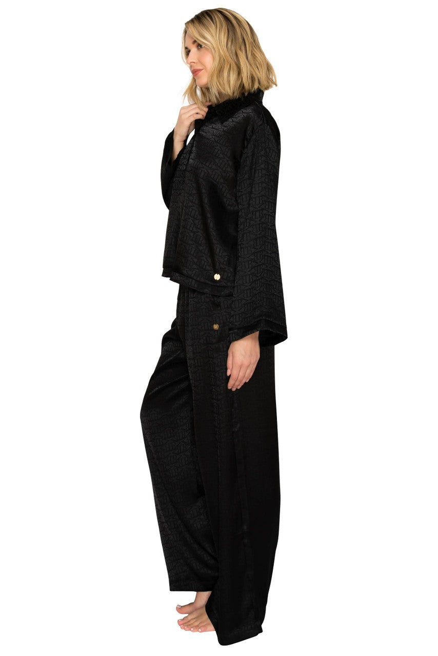 Luxe Monogram Satin Long Sleeve Wide Leg Pajama Set