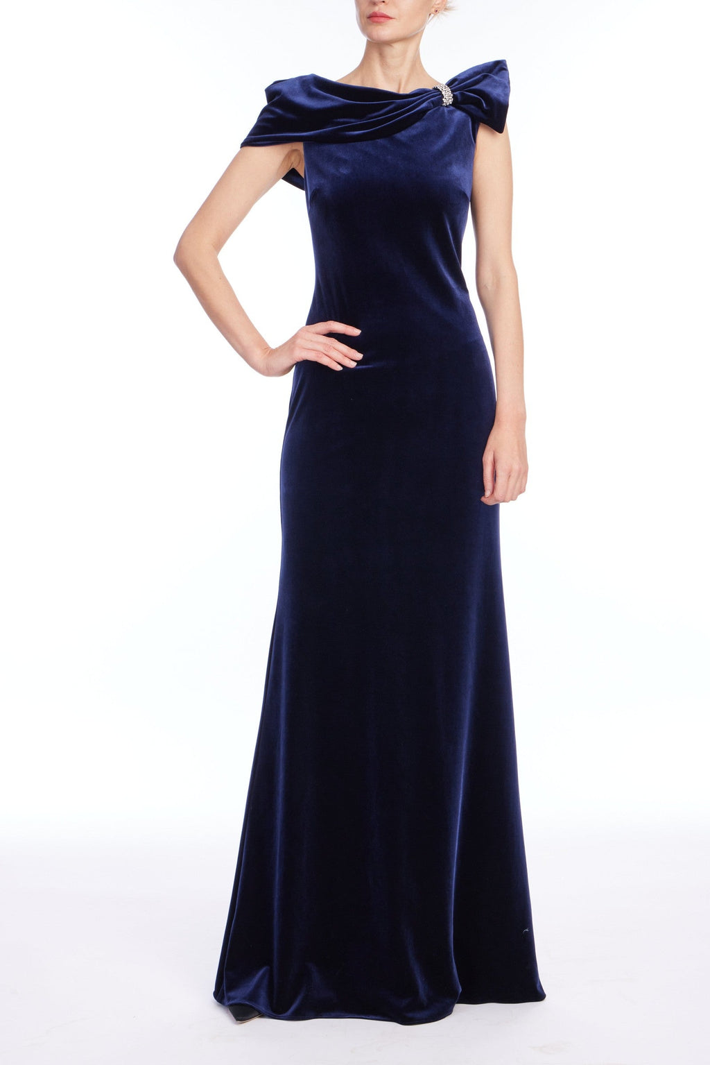 Draped Stretch Velvet Column Gown