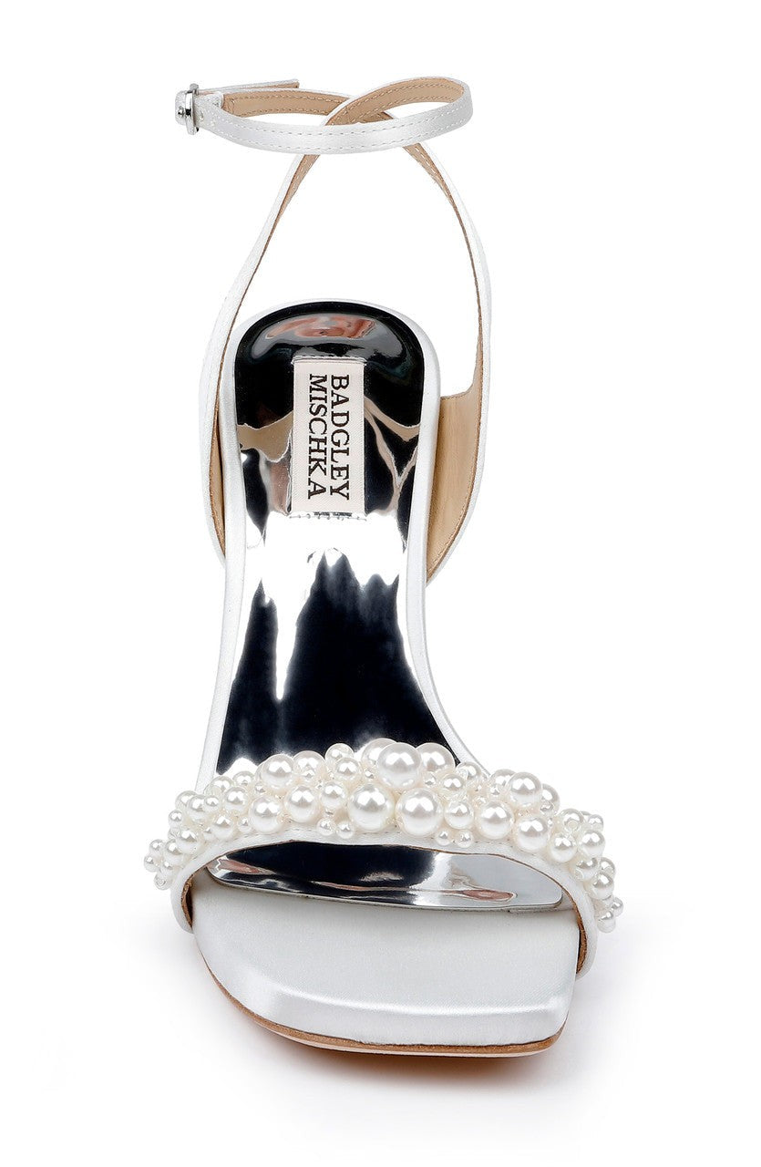 Calida Satin Block Heels with Pearled Vamp
