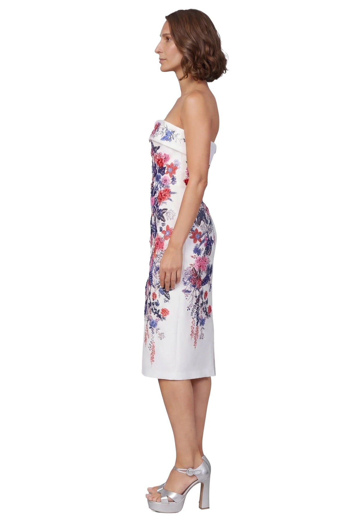 Strapless Floral Placement Midi Sheath Dress