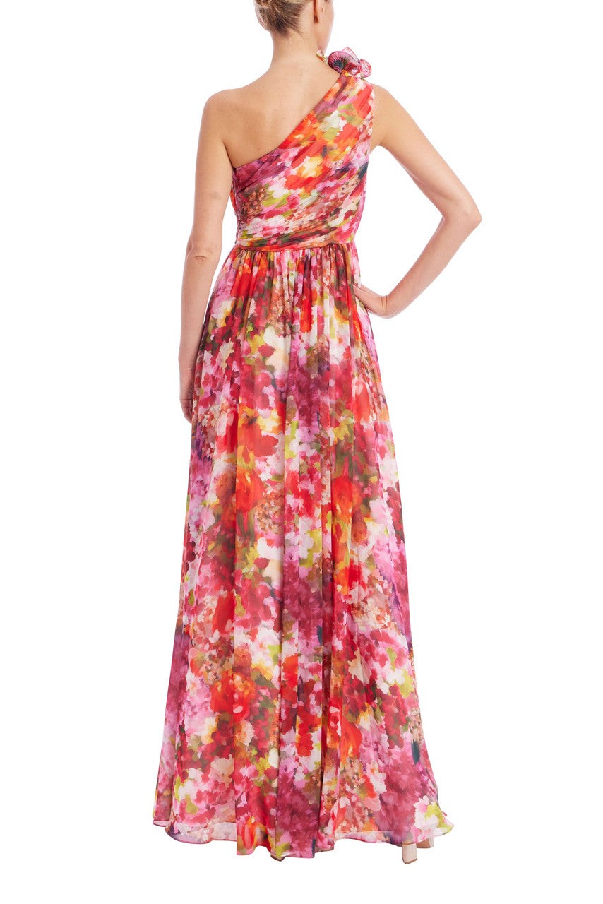 One-Shoulder Ruffle Floral Print Gown