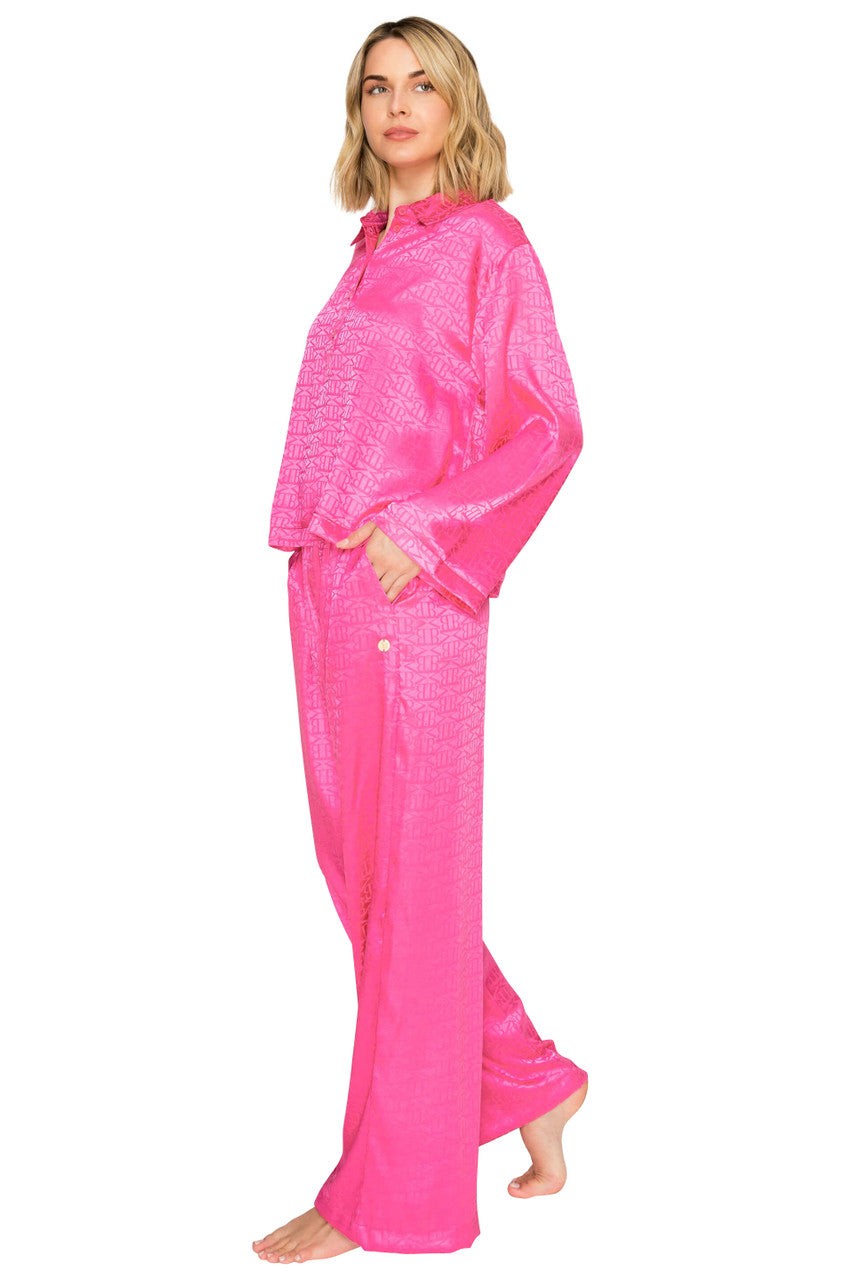 Luxe Monogram Satin Long Sleeve Wide Leg Pajama Set