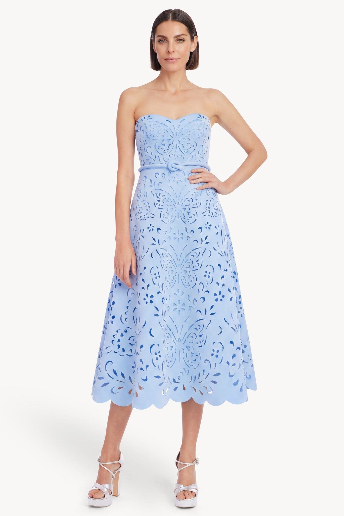 Strapless Laser-Cut Midi A-Line Dress