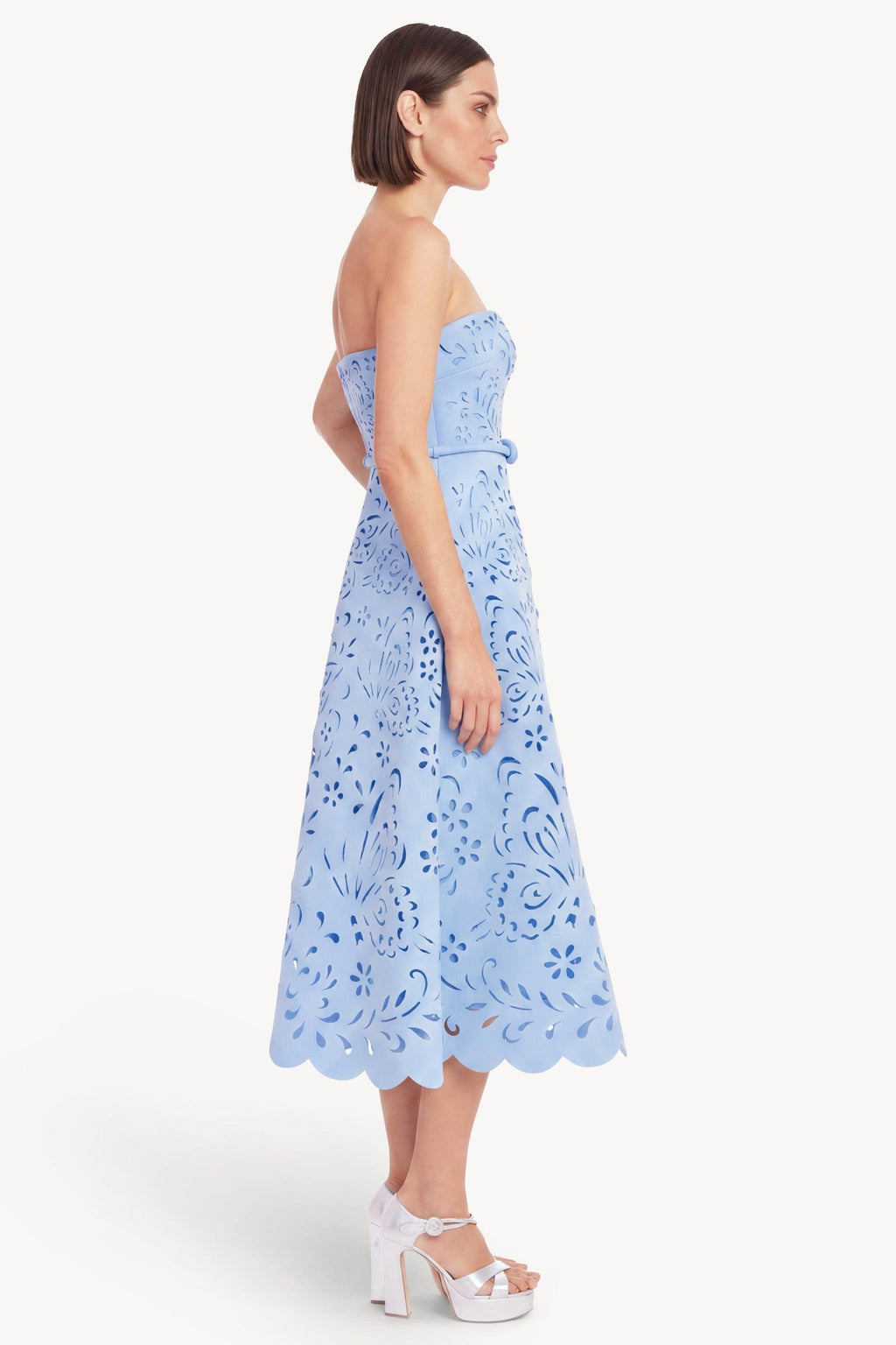 Strapless Laser-Cut Midi A-Line Dress