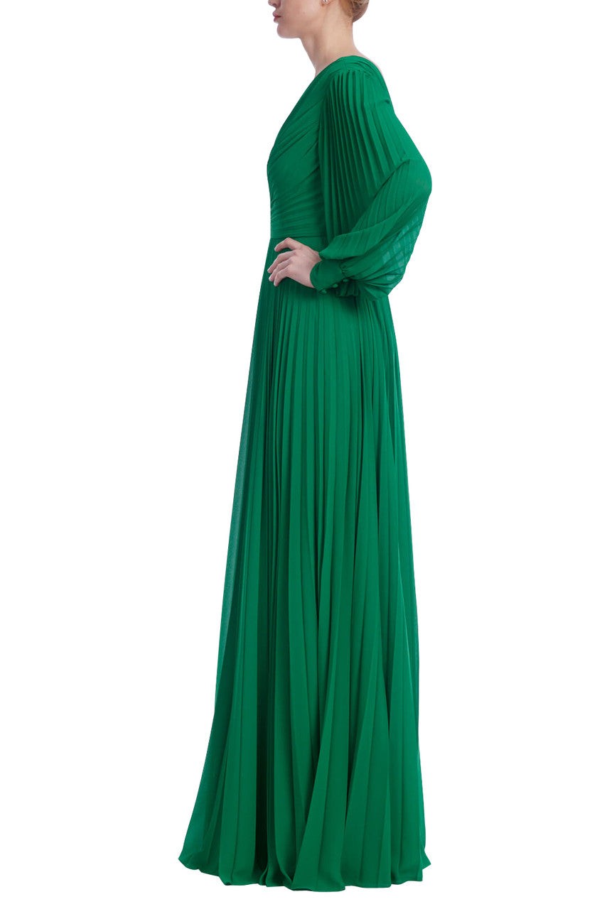 V-Neck Long Sleeve Pleated Gown