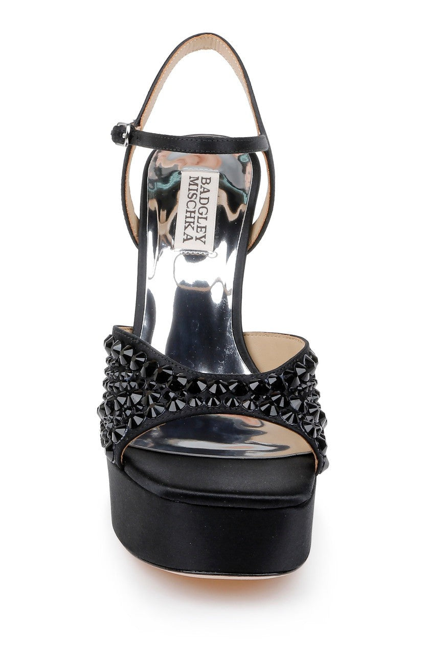 Bryleigh Satin Platform Block Heels with Bejeweled Vamp