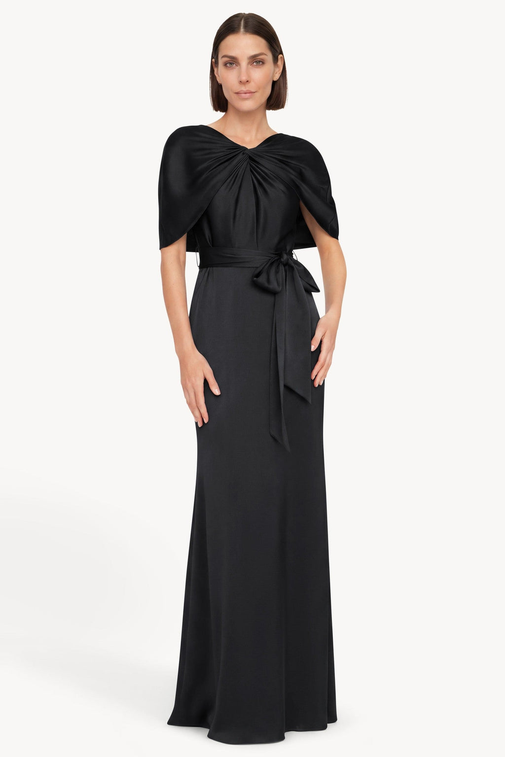 Cape Sleeve Column Gown with Sash