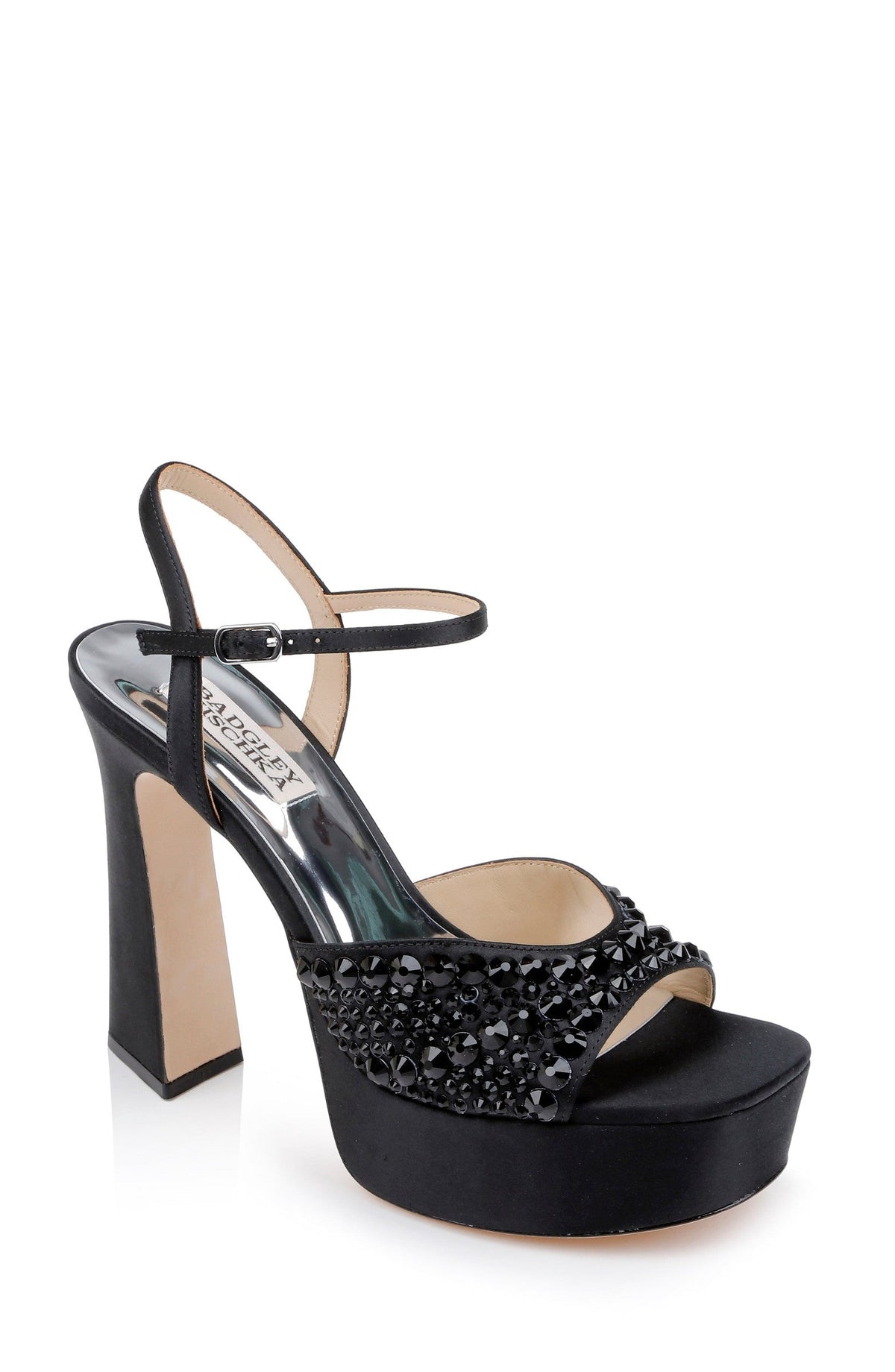 Bryleigh Satin Platform Block Heels with Bejeweled Vamp