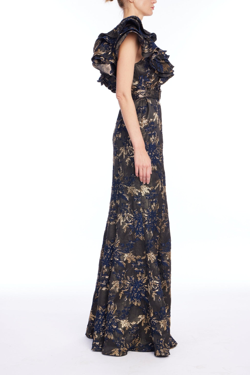 Ruffle Metallic Jacquard Mermaid Gown