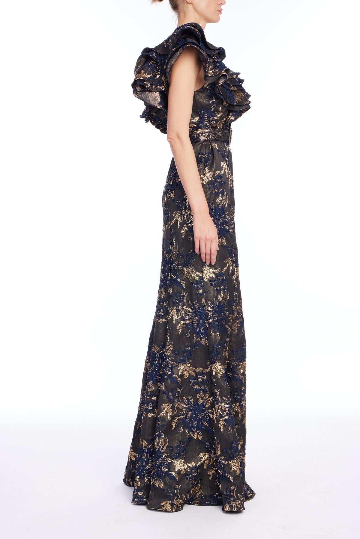 Ruffle Metallic Jacquard Mermaid Gown