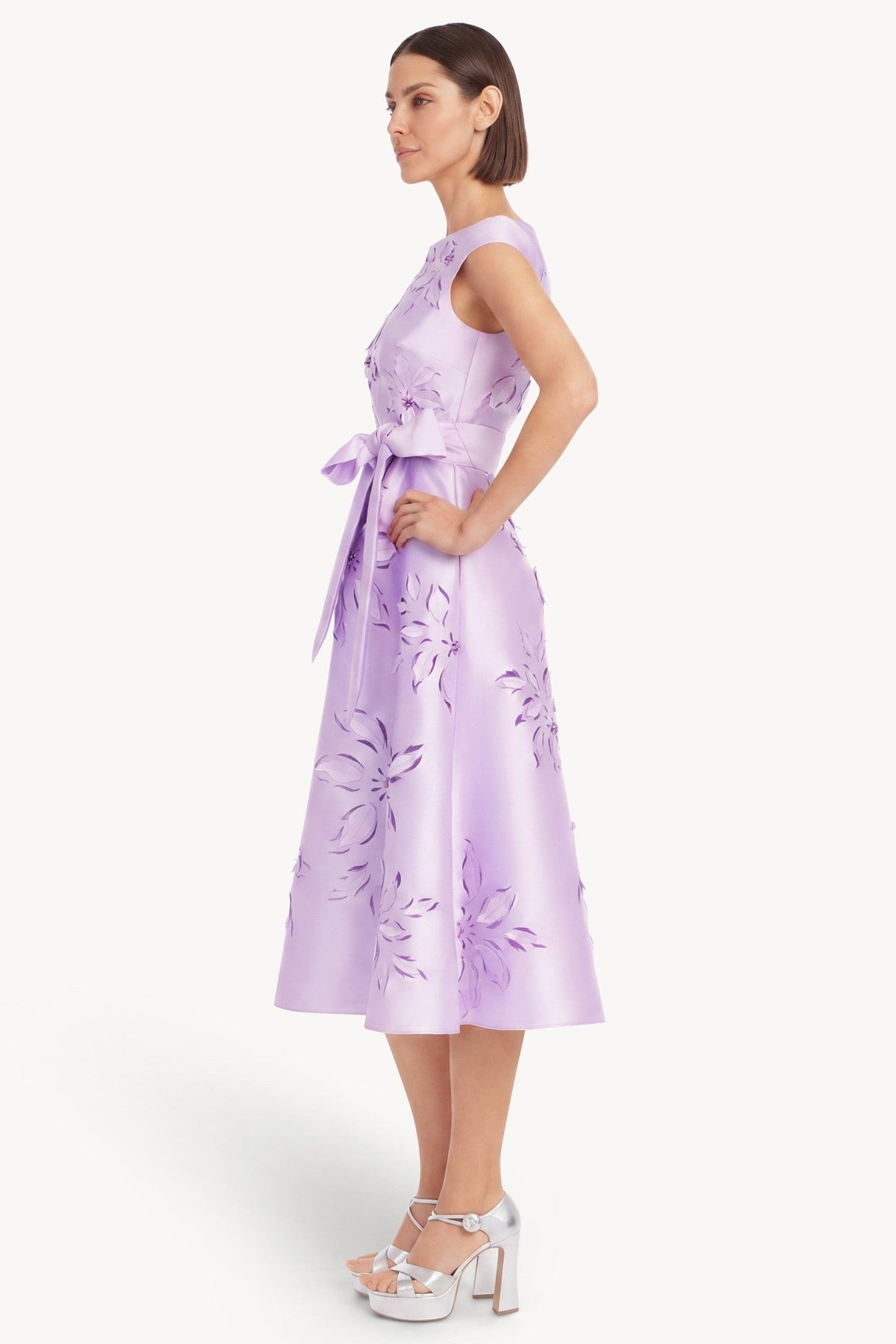 Laser-Cut Floral Cap Sleeve Midi Dress