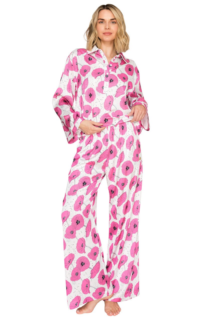 Luxe Floral Satin Long Sleeve & Wide Leg Pajama Set