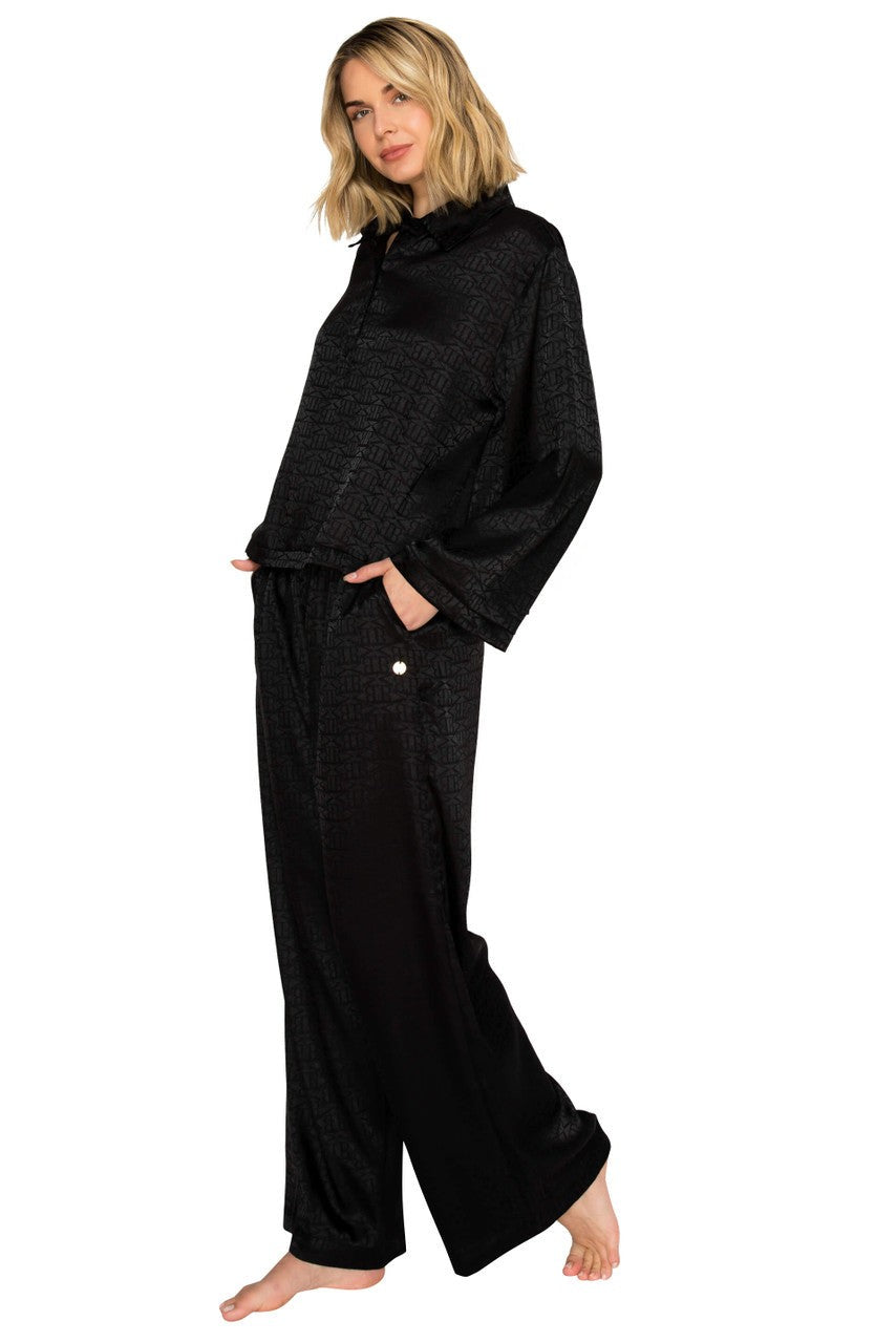 Luxe Monogram Satin Long Sleeve Wide Leg Pajama Set