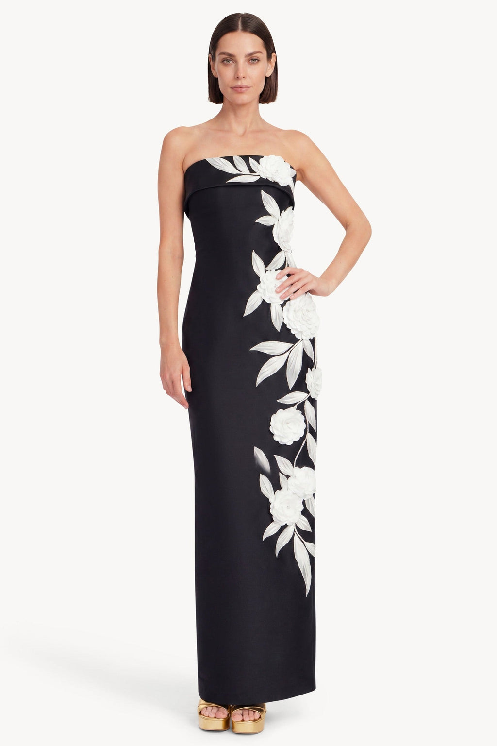 Strapless Floral Applique Column Gown