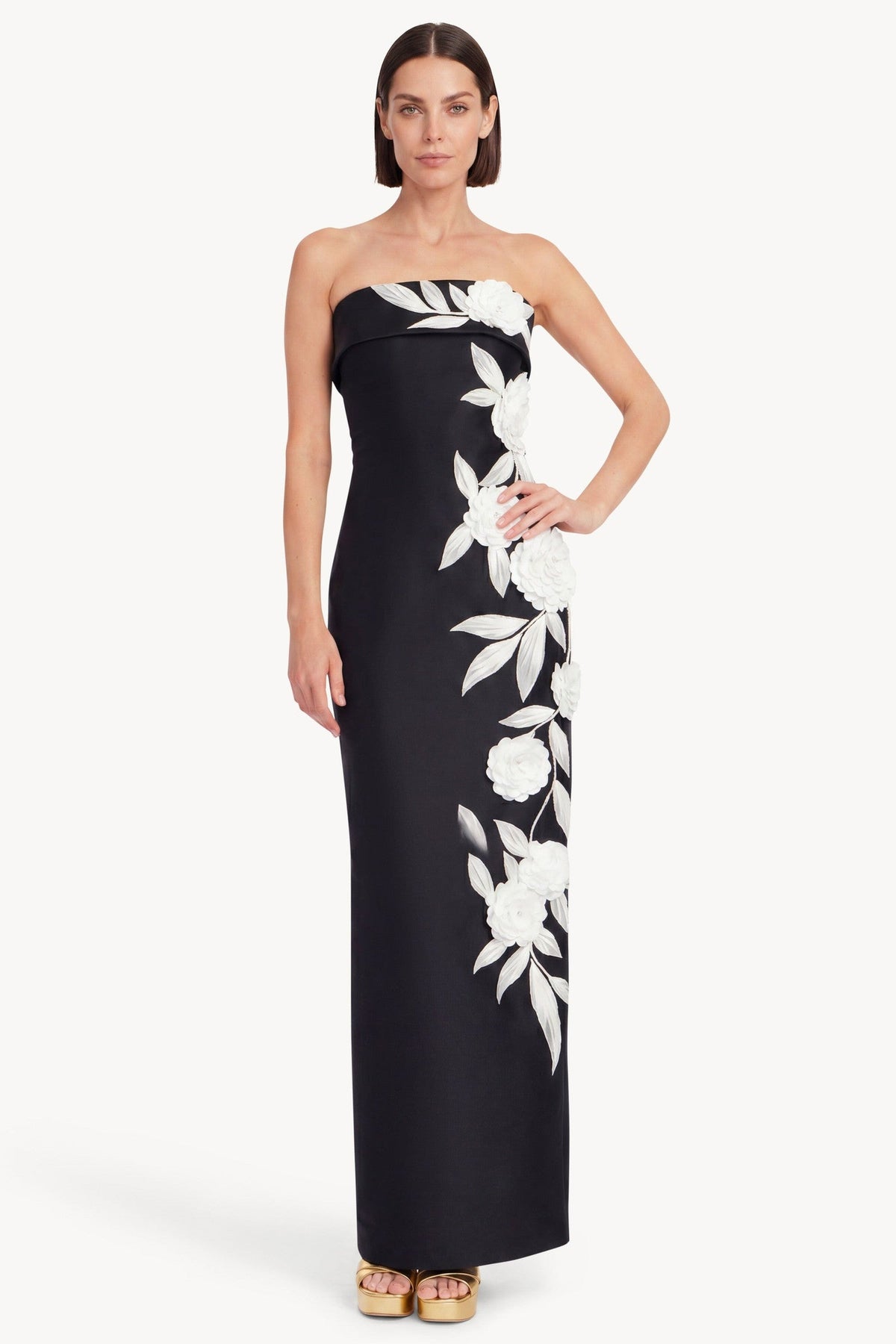 Strapless Floral Applique Column Gown