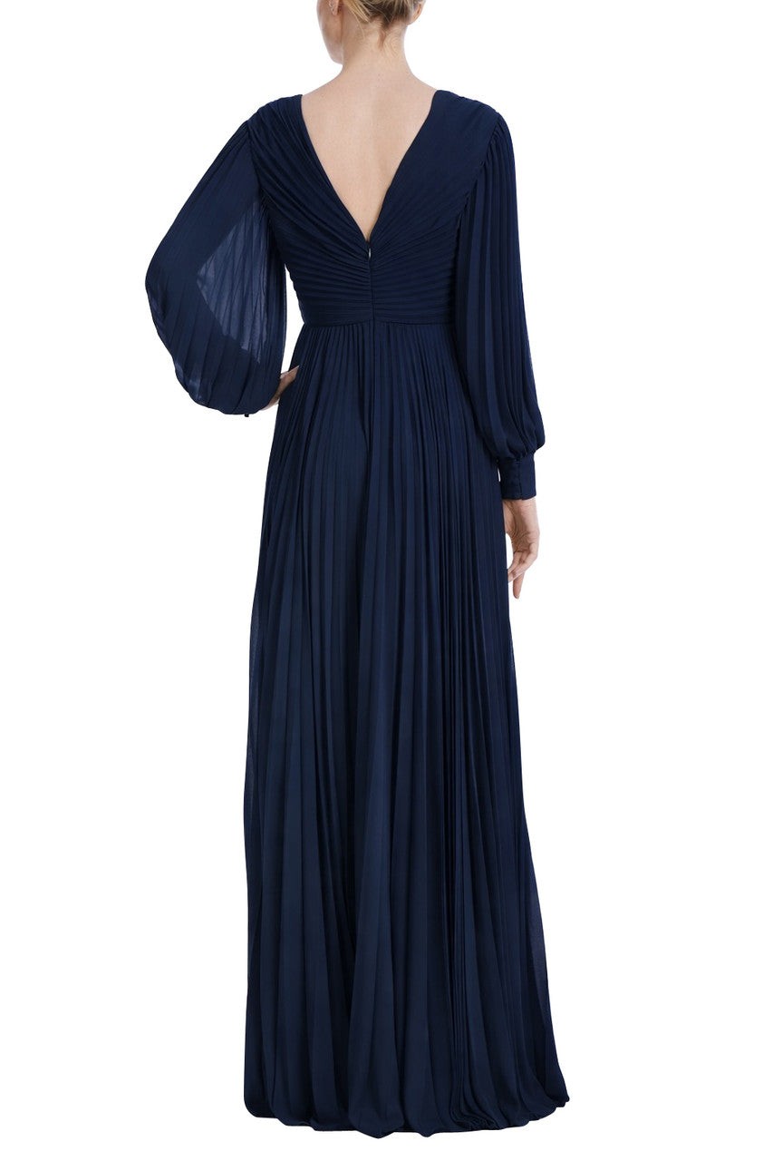 V-Neck Long Sleeve Pleated Gown
