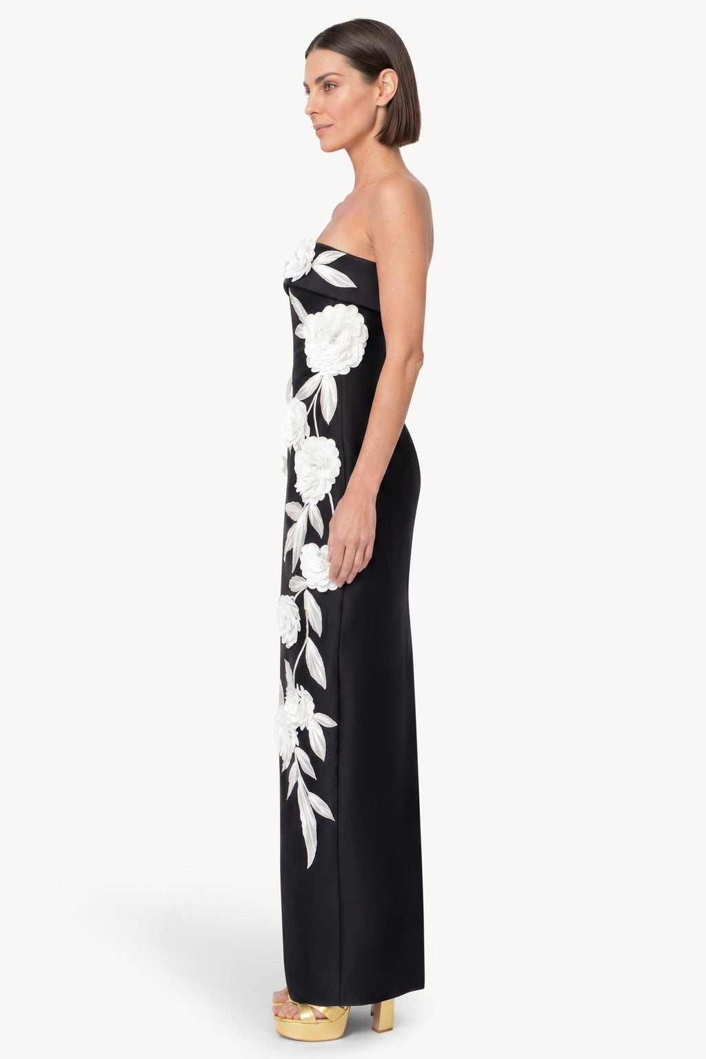Strapless Floral Applique Column Gown