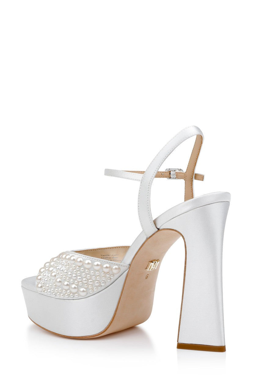 Bryleigh Satin Platform Block Heels with Bejeweled Vamp