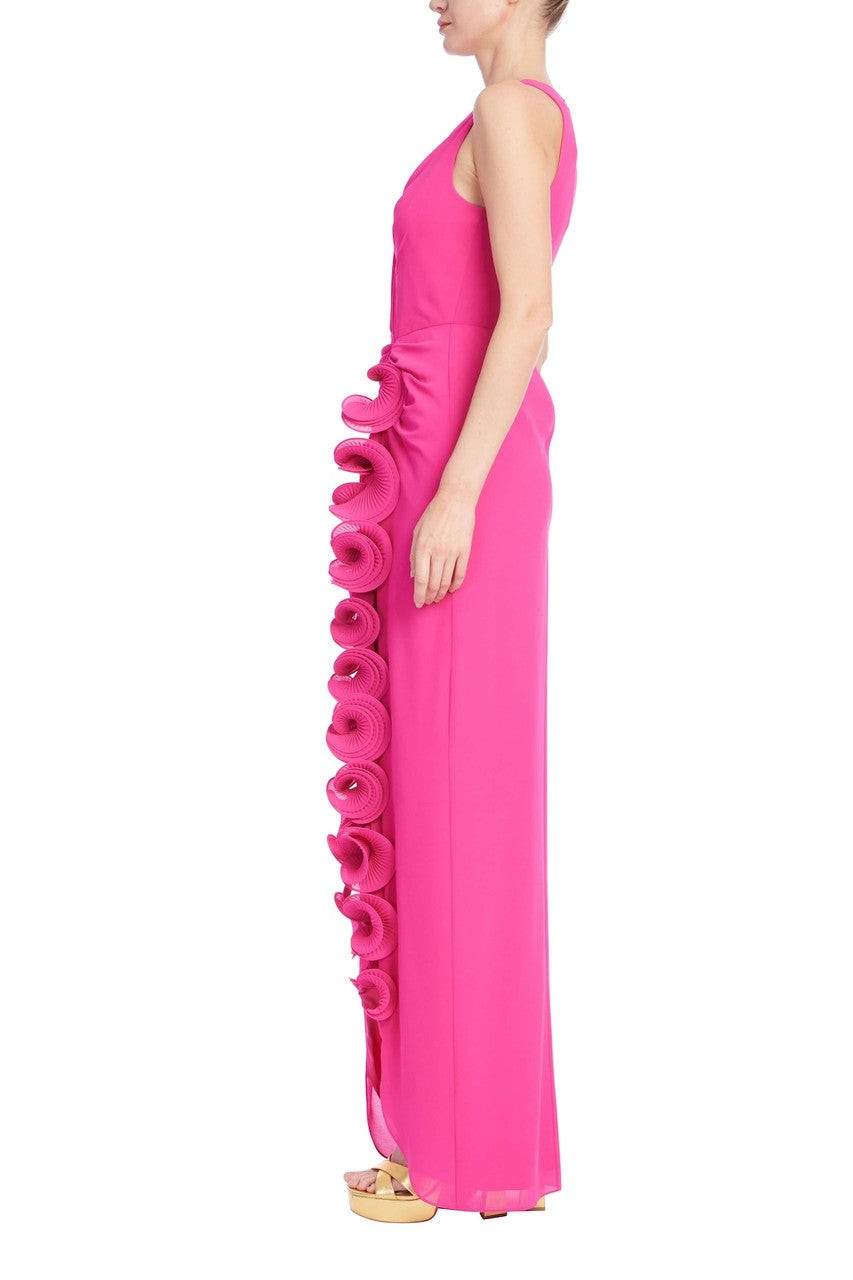 Sleeveless V-Neck Gown with 3D Rosette Ruffle
